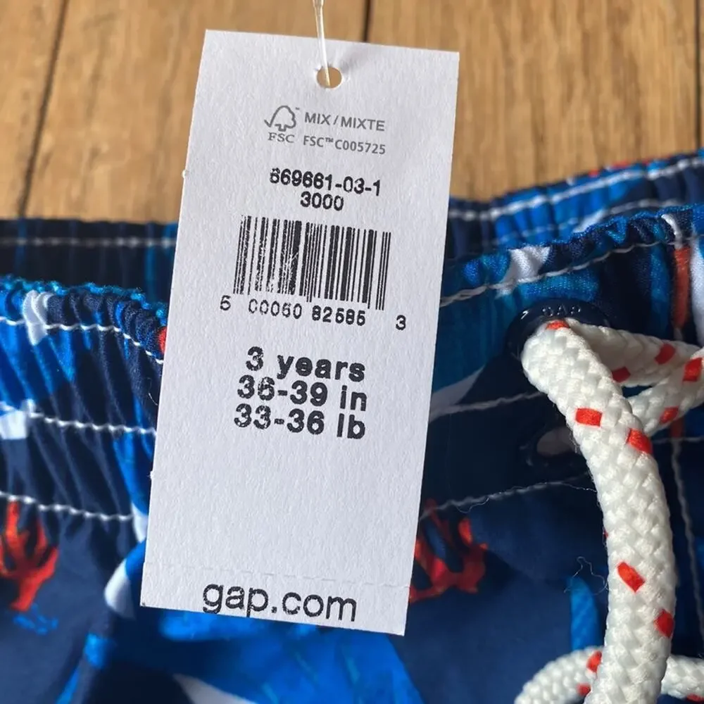 NWT Baby Gap UPF 50+ Shark Swim Trunks Blue Toddler Boys 3T Swim Shorts